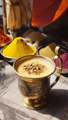 Fototapeta premium Golden Cup of Creamy Saffron and Pistachio Milk Drink with Spices in the Background