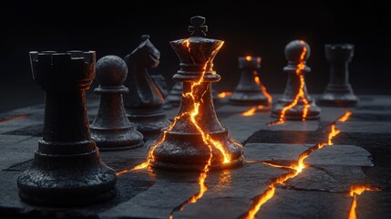 A remarkable chess setup, with rocks displaying glowing cracks and a royal king piece, which underscores skill and innovation