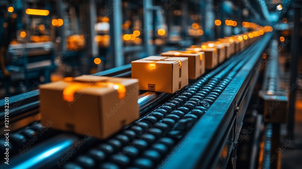 Poster automated cardboard box conveyor system in a modern factory