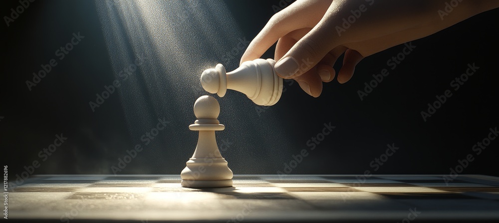 Poster in a dim environment, a hand moves a black chess piece, causing it to spark with tiny particles