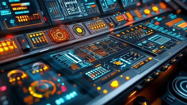 Futuristic control panel featuring complex data and glowing orange and blue lights, creating a sophisticated atmosphere ideal for technology or sci fi projects