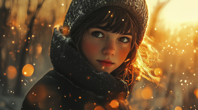 Beautiful girl in the snow. Girl, cartoon, blurry, background trees, glare, light, hat. Hat with glare of light from the trees. A girl in a hat with a blurry background glares at the trees. Lifestyle.