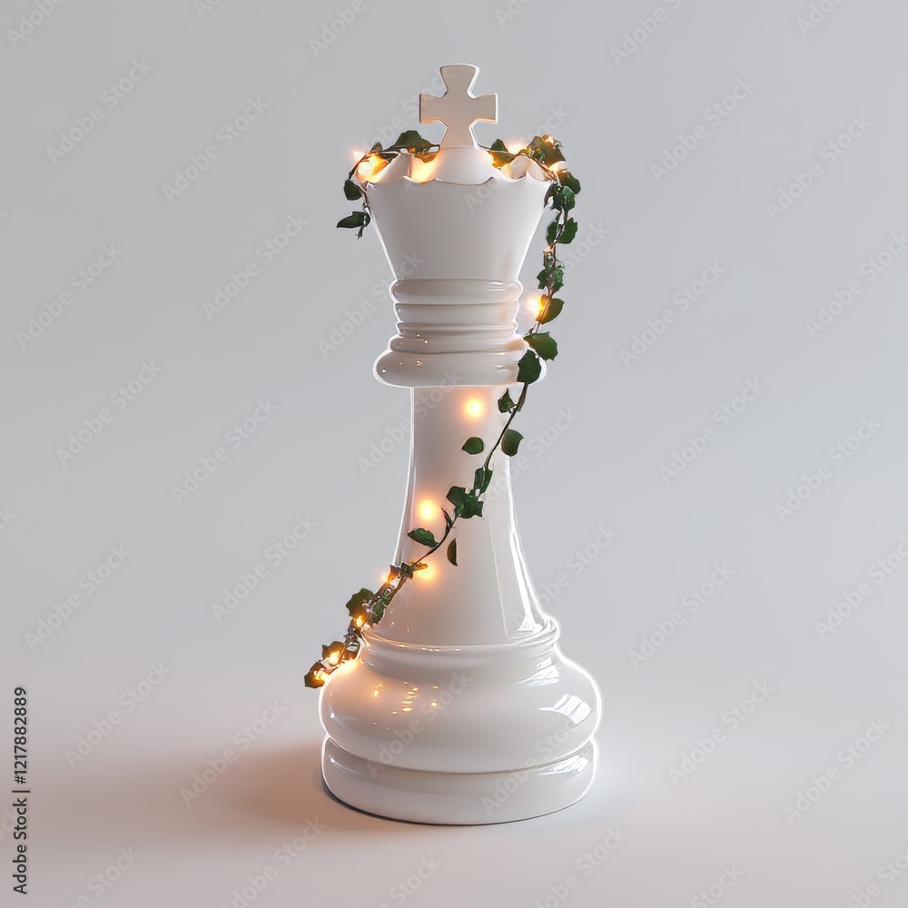 Poster a softly lit scene featuring a white chess piece with glow-in-the-dark string lights