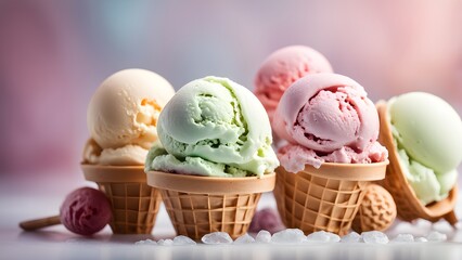 Close-up of assorted delicious ice cream scoops in waffle cones, surrounded by ice cubes, on a pastel background.