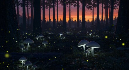 Obraz premium A twilight forest where fireflies dance among the glowing mushrooms 