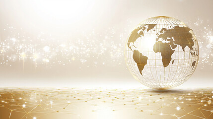 Holographic globe on a gold silver white bright background symbolizing global connectivity and data transfer in a cyber technology theme minimalistic bright tone modern blurred empty caption space

