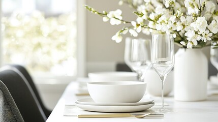 Fototapeta premium A close-up of a table with a vase of flowers and a plate with a cup and saucer