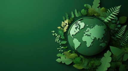 Paper cutout illustration, Earth Day poster of the Earth with trees and plants on it, dark green background