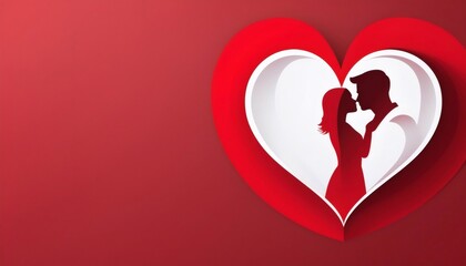 Romantic couple silhouette kissing inside a layered paper heart against a red background, perfect for Valentine's Day projects