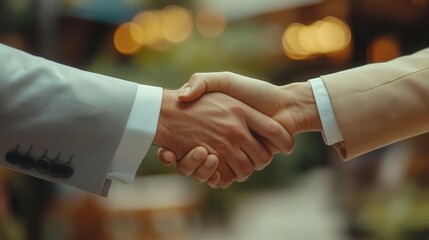 Business partners shaking hands, close-up of handshake, professional setting with documents