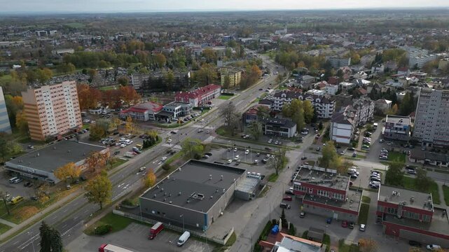 Dynamic hyperlapse showcasing the daily life and traffic flow on the streets of Mielec, Poland.