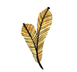 Watercolor golden pine tree twig hand drawn design element. Unusual decorative Christmas fir branch drawing in orange color isolated. Modern conifer sprig graphic clip art 