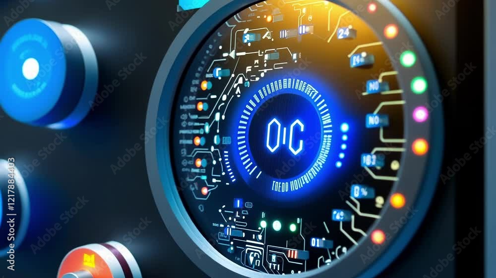 Poster futuristic digital control panel with integrated circuits and leds displaying a temperature of zero 