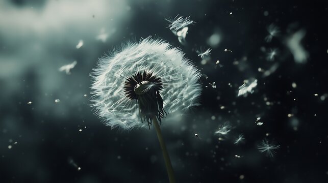 A close-up of a dandelion seed head releasing delicate seeds into the air against a dark, moody background.