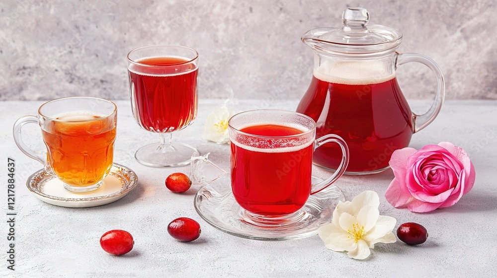 Poster a pitcher of tea and two cups sit on the table with cranberries on a plate