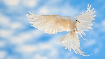 A majestic white dove gracefully soars against a soft blue sky, symbolizing peace and freedom.