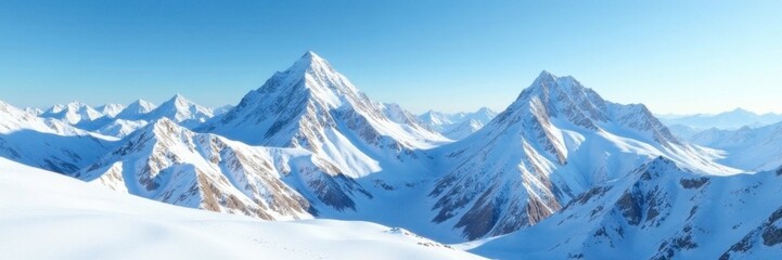 Fototapeta premium Frosty mountains with snow-covered peaks reaching for a blue sky, sky, snow