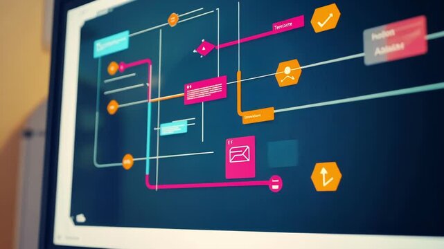 Workflow automation software displaying a colorful data flowchart on a monitor, visualizing the automated process and data connections within a system
