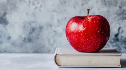 Red apple on top of stacked books on white background