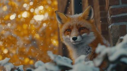 Fototapeta premium In a tranquil snowy forest at dawn, a red fox sits poised and alert, its fur glistening with frost. The warm glow of sunrise filters through trees, creating a magical ambiance