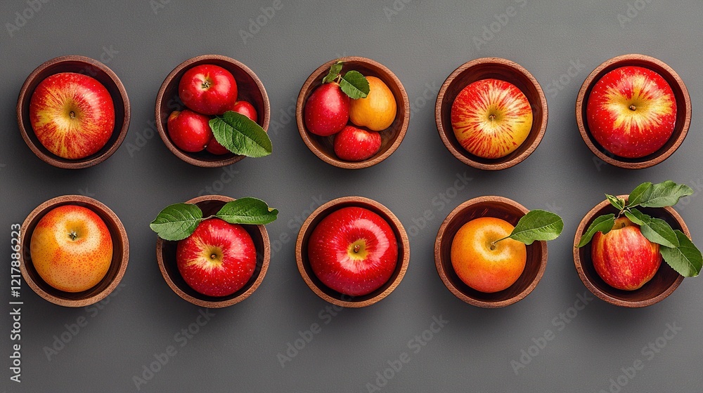 Poster a cluster of apples and oranges arranged in wooden containers on a gray background with foliage abov