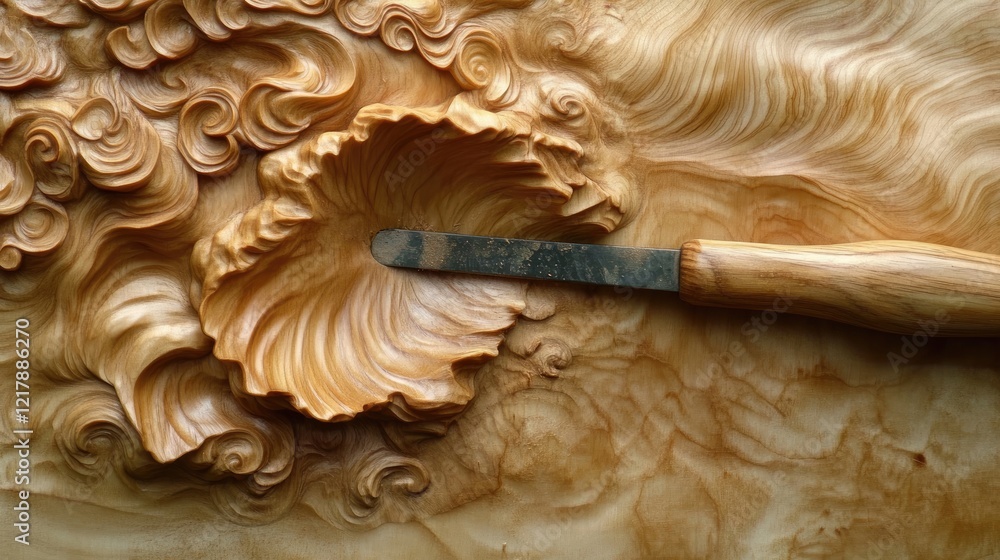 Poster a chisel embedded in a piece of soft pine with fine wood curls around it.