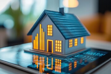A miniature house model rests on a tablet displaying financial bar graphs, symbolizing real estate market analysis and investment trends.