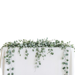Elegant head table decor featuring eucalyptus and willow leaves for a wedding celebration, head table decor arch eucalyptus and willow leaf garland isolated on transparent background