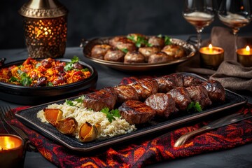 Obraz premium An inviting African iftar dinner features grilled meats, spiced rice, and sweet pastries on a beautifully decorated table with candles, creating a warm atmosphere for Ramadan
