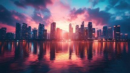 Fototapeta premium City skyline at sunset, close-up of glowing buildings and vibrant sky, soft reflections on water
