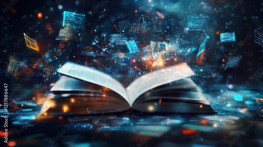 Poster open book with holographic pages and abstract technology elements floating in dark space
