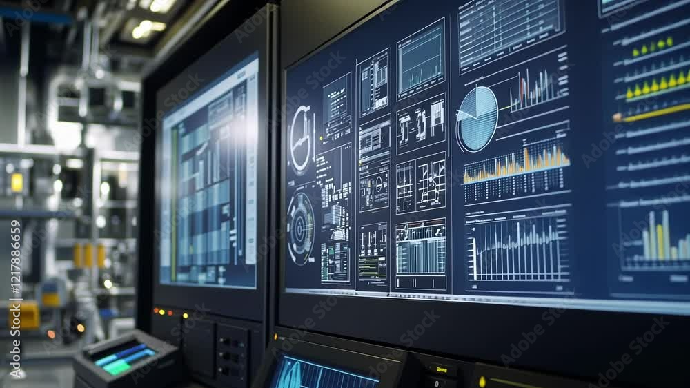 Poster complex industrial control room displaying real time data, charts, and diagrams on multiple computer