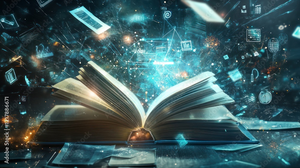 Aufkleber open book with digital data and light particles floating in a dark abstract space