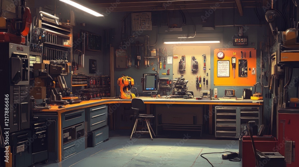 Poster a clean industrial workshop filled with advanced tools and robotics.