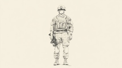 Obraz premium Detailed illustration of a soldier in tactical gear standing confidently against a plain background