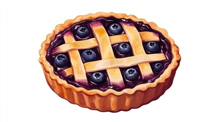 Round blueberry pie with a lattice crust, freshly baked and ready to serve, on a white background.