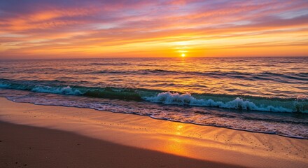 A tranquil beach at sunset with waves that sparkle as they crash