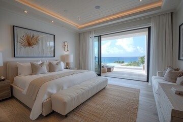 Fototapeta premium A minimalist bedroom with modern coastal d?(C)cor, featuring cozy furniture, comfortable bed, and an elegant, serene background.