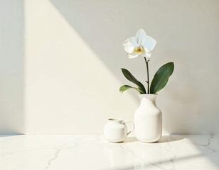 Minimalist White Ceramic Vase with Single Orchid, Modern Still Life Photography