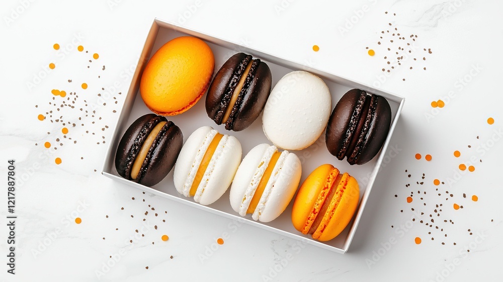 Aufkleber a white marble surface holds an array of macaroons and oranges adorned with confetti