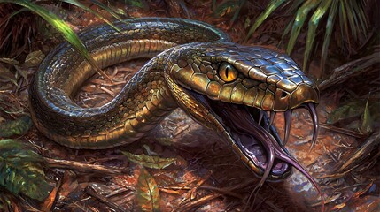 Obraz premium Venomous Serpent in the Rainforest: A Close-Up of a Striking Snake