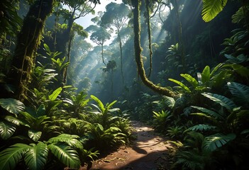 Sunbeams filtering through tropical trees