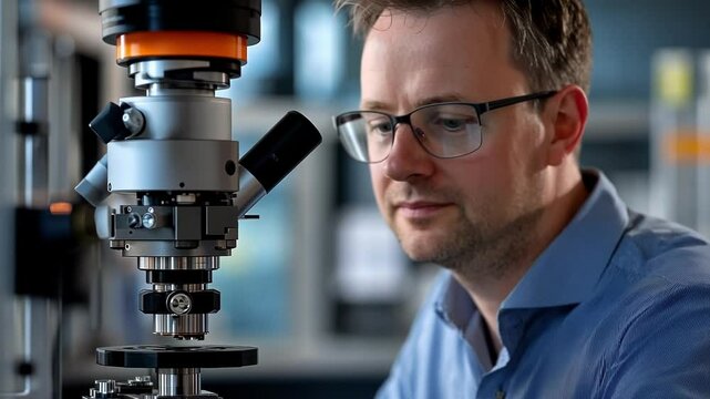 Portrait of an engineer working with a universal testing machine, performing material testing in an industrial laboratory, showcasing innovation and precision
