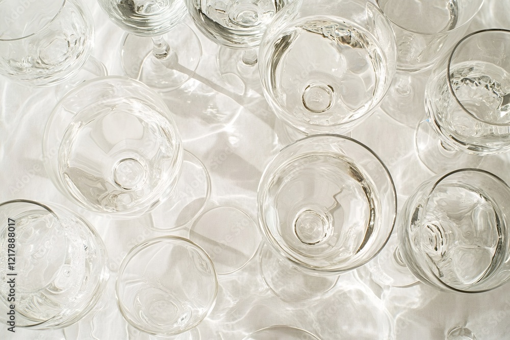 Poster empty wine glasses arranged on a white background, creating captivating caustic patterns as sunlight