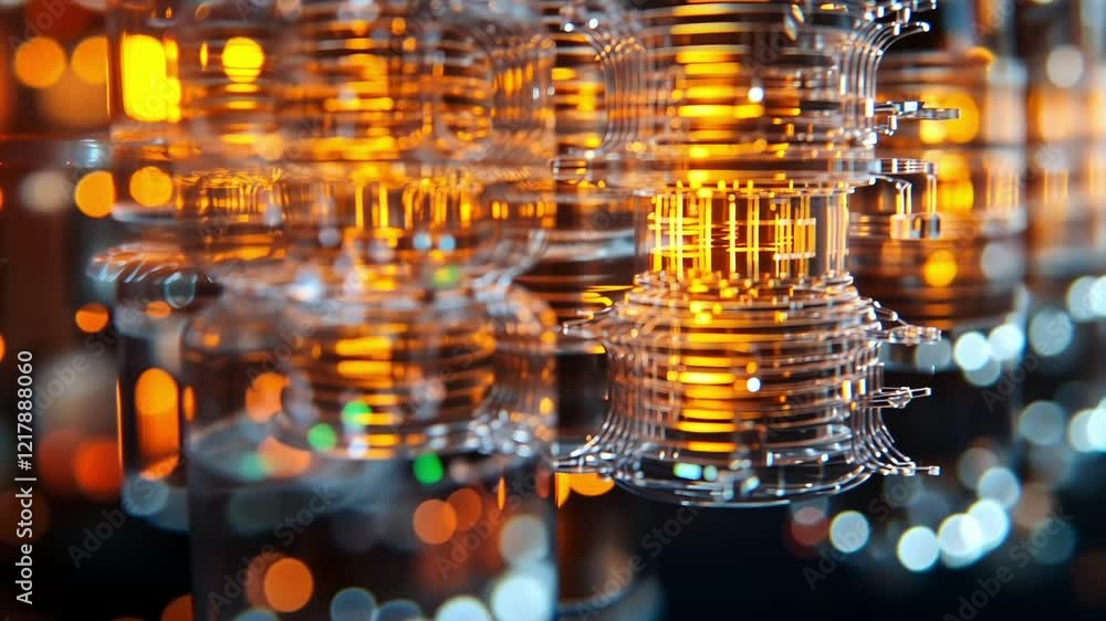 Poster complex glass cylinder structure glowing with orange lights, creating a futuristic atmosphere while 