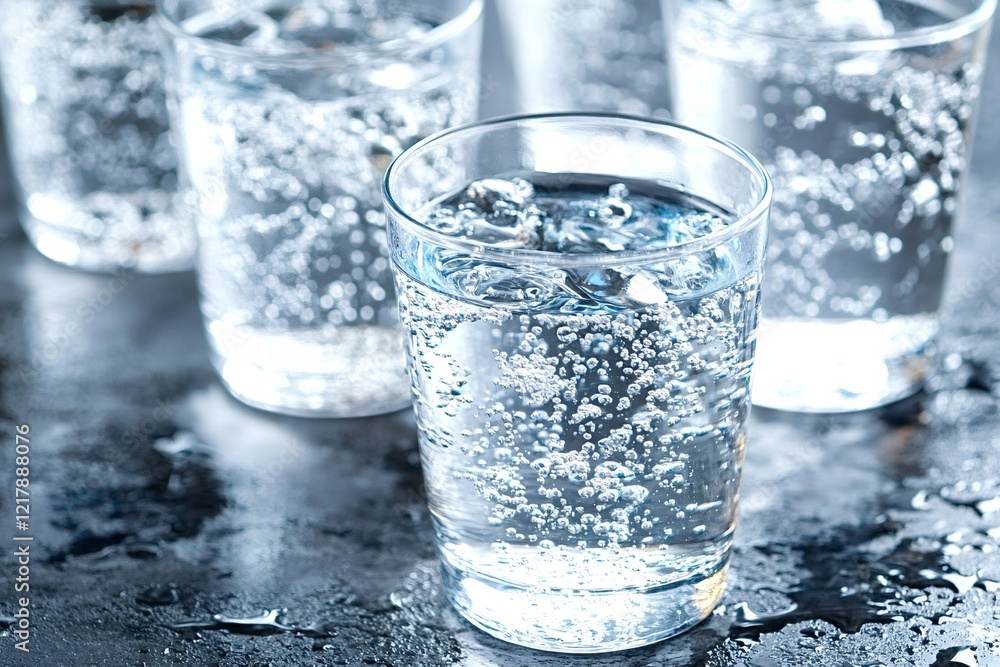 Poster refreshing sparkling water with ice cubes resting in glasses on a dark, wet table, creating a cool, 