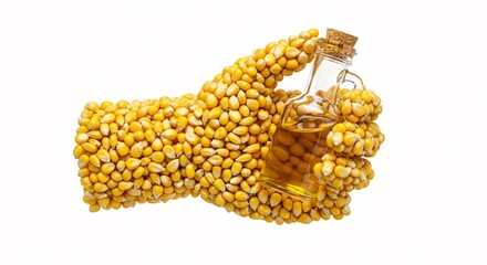 A hand made of corn cobs holding a bottle of corn oil, representing natural food, sustainable agriculture, and plant-based products.

