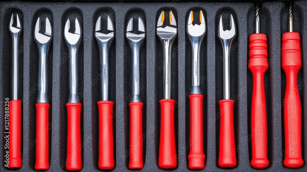 Poster a detailed image of a screwdriver set neatly aligned in a foam organizer.