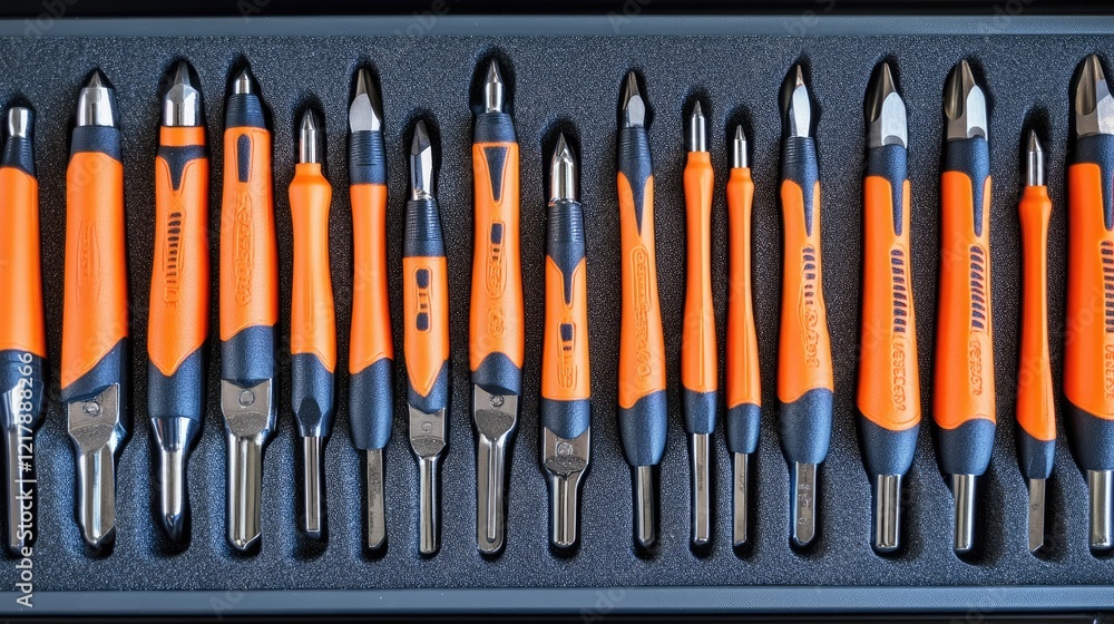 Aufkleber a detailed image of a screwdriver set neatly aligned in a foam organizer.