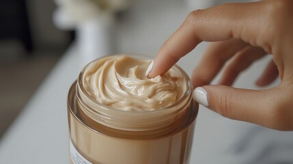 Hand Dipping Finger into Creamy Moisturizer Jar Closeup
